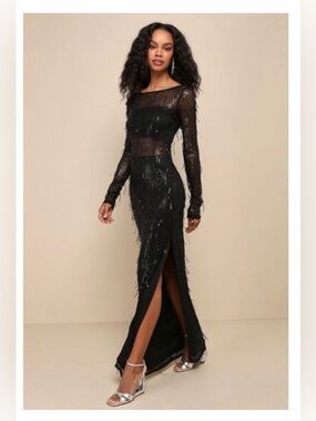 Lulus Sheer Fascination Black Sheer Mesh Sequin Fringe Maxi Dress - Size M